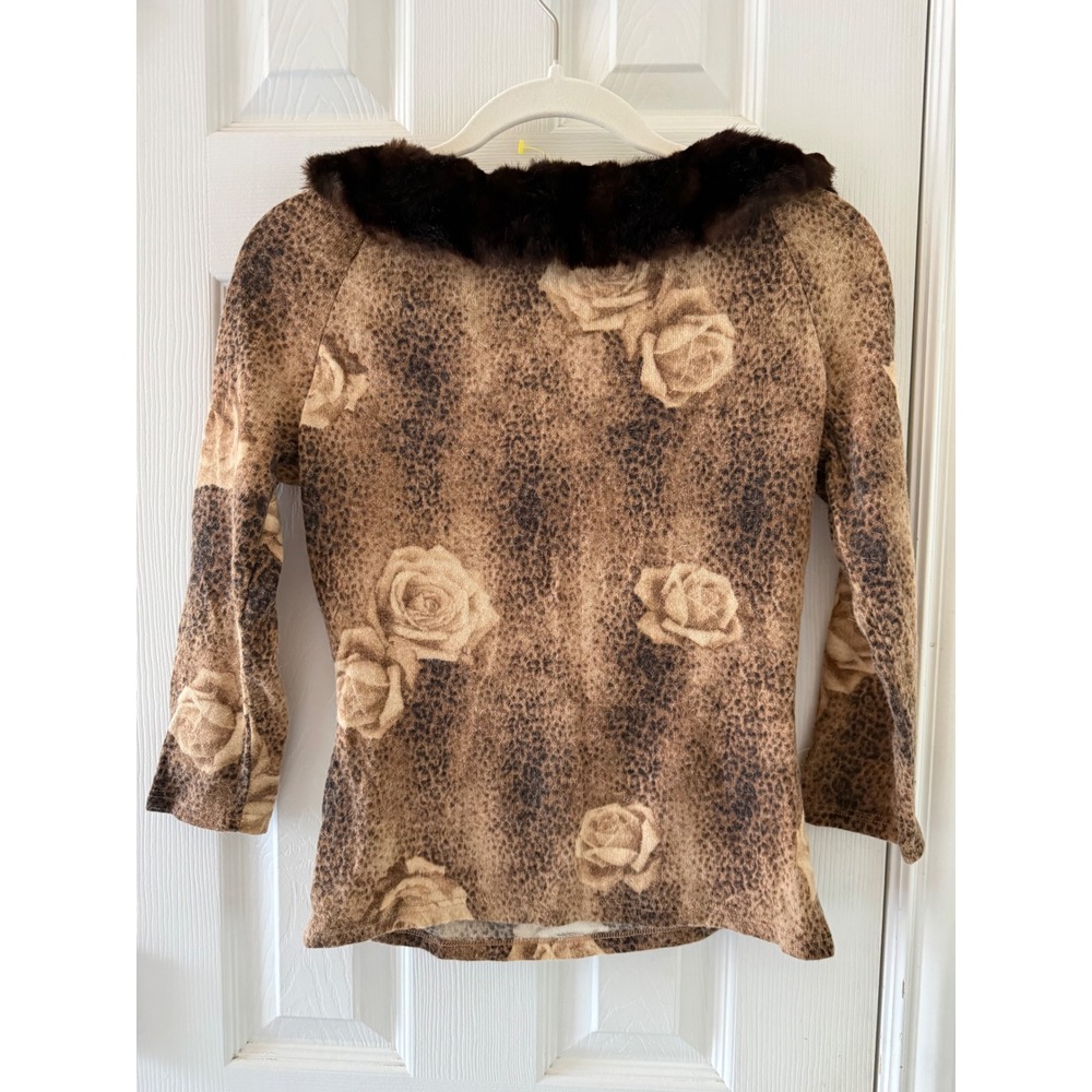 Vintage Caché Top M Y2K Rose Animal Print Fur Trim Romantic Grunge - Picture 8 of 8